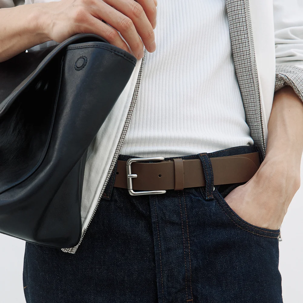 MENS SQUARE LEATHER BELT (KHAKI BROWN)