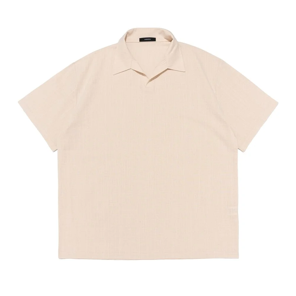 LINEN LIKE OPEN COLLAR SHORT SLEEVE SHIRT (BEIGE)