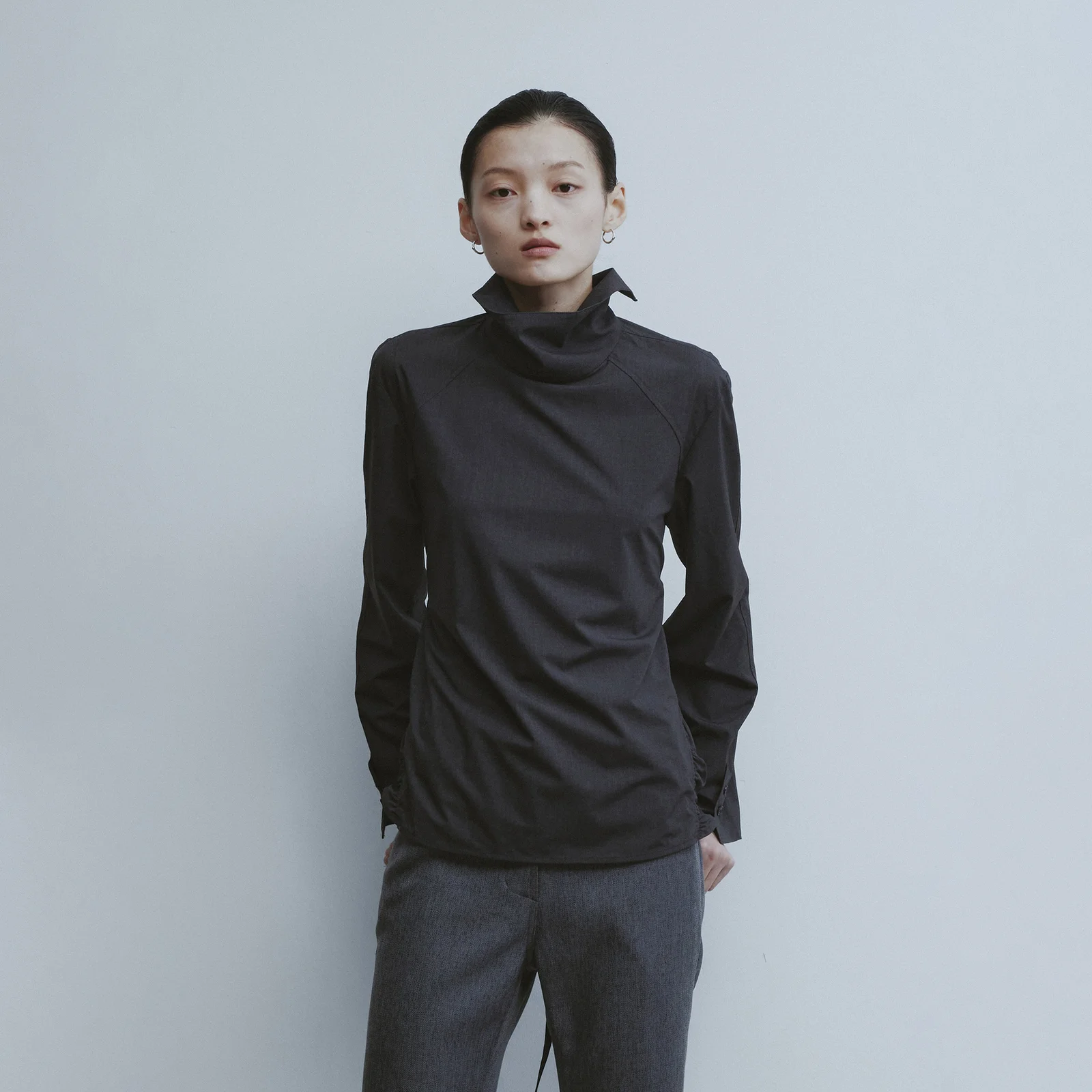 High Neck Shirring Top-Charcoal Grey