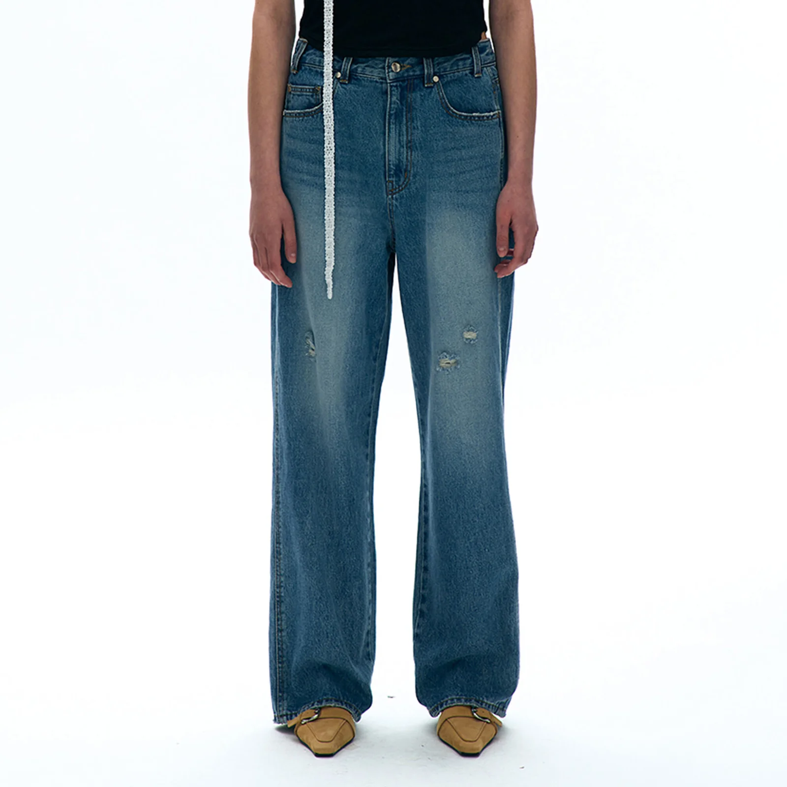 DISTRESSED LOWRISE JEANS_MID BLUE