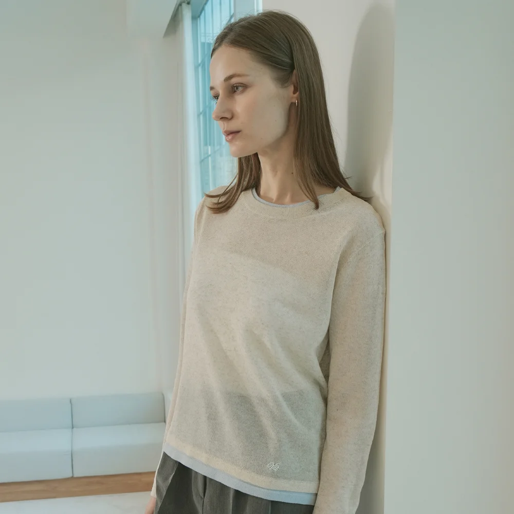 Linen Blend Contrast Layered Embroidery Knit (linen)