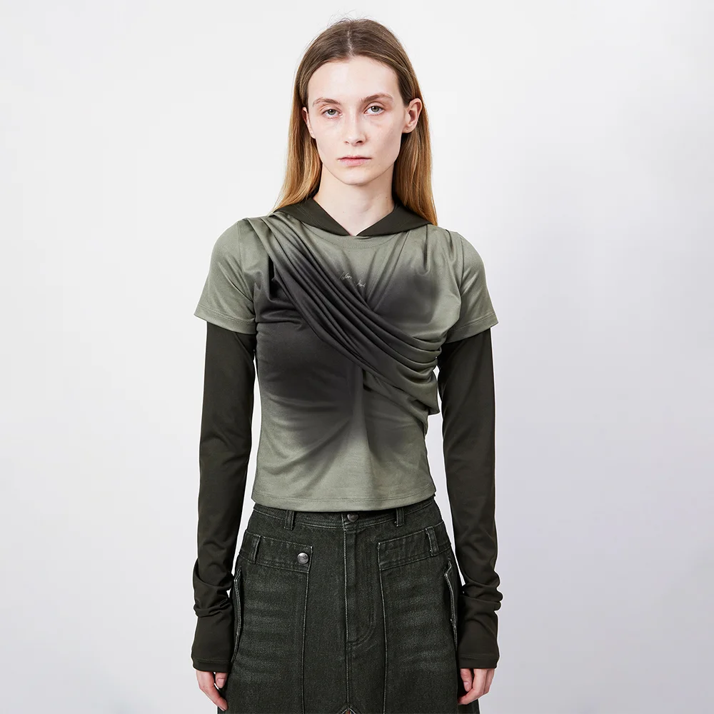GATHERED HOODIE JERSEY TOP atb1395w(KHAKI)