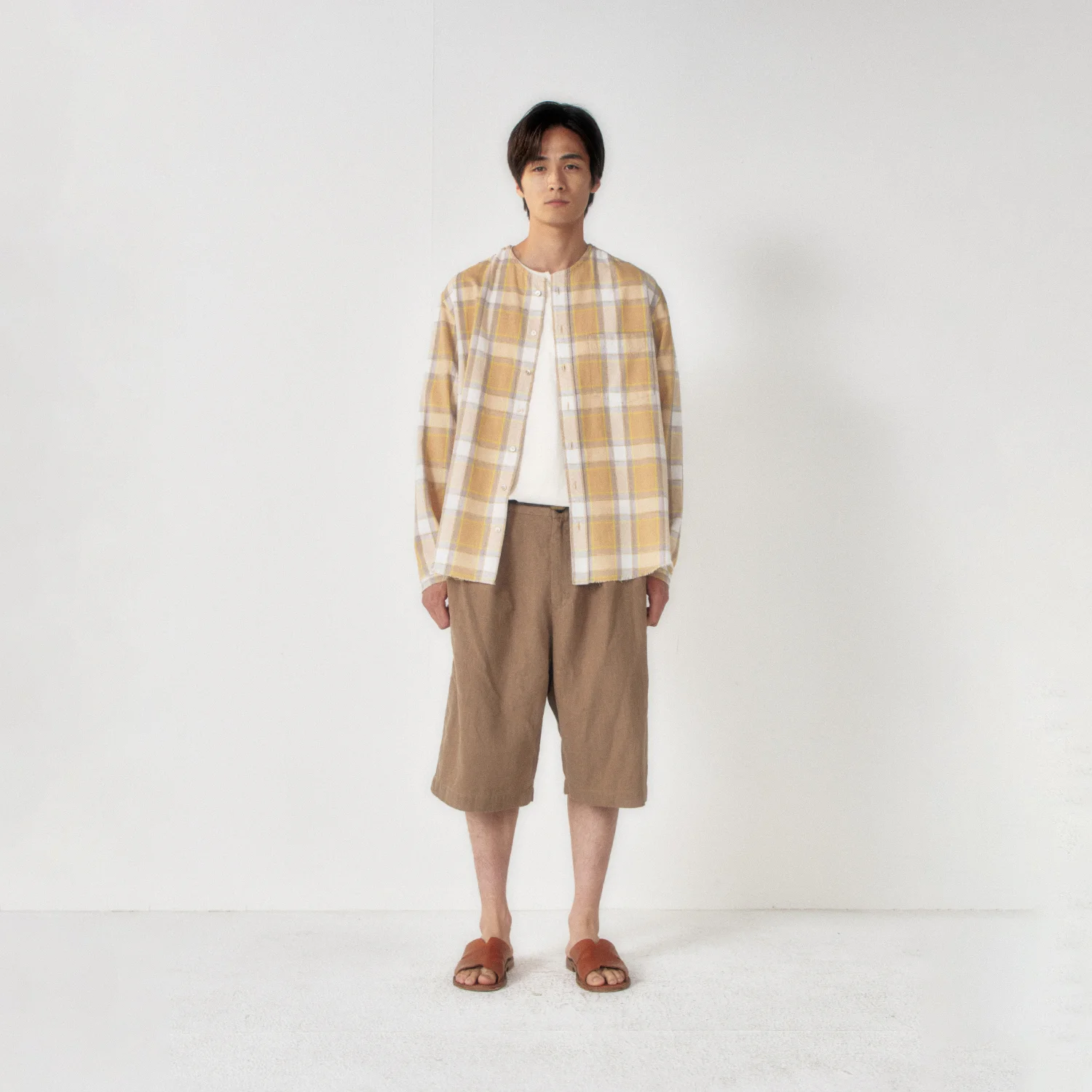 Non Collar French Check Shirt_Desert