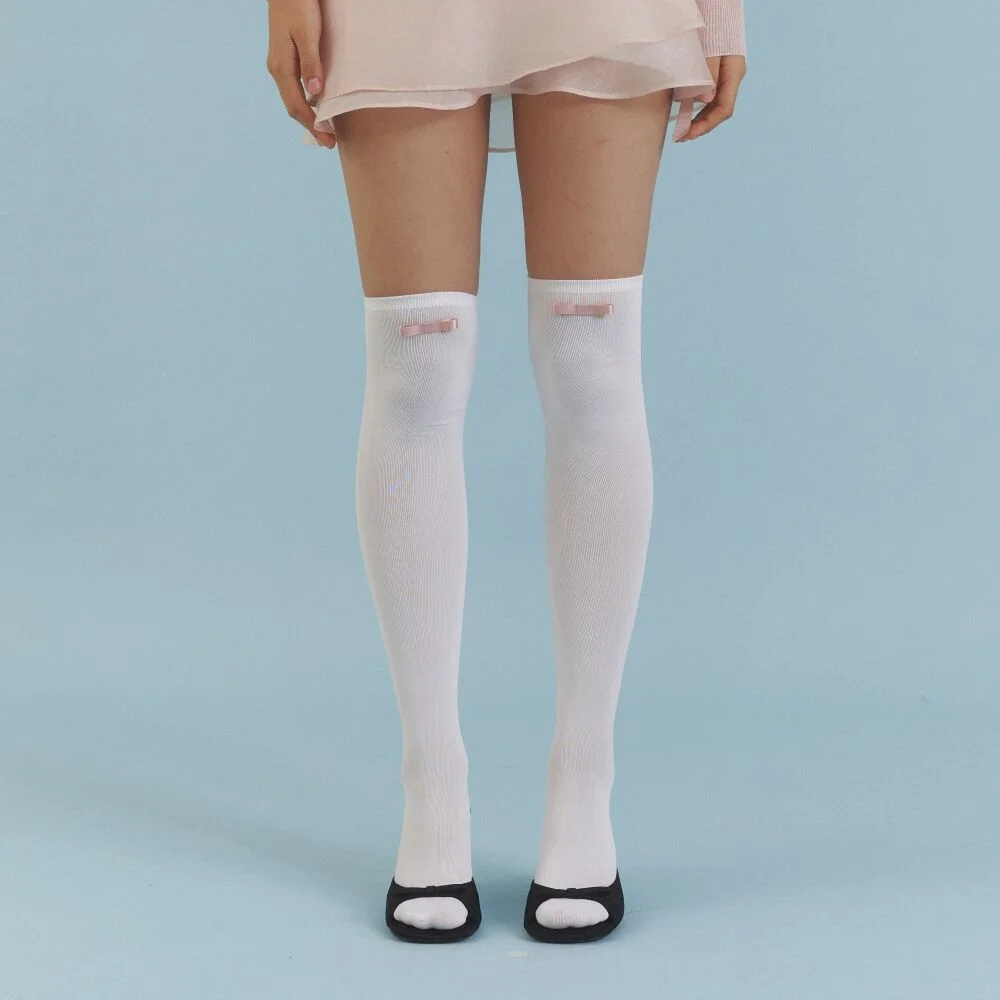 Love Ribbon Over Knee Socks_WH