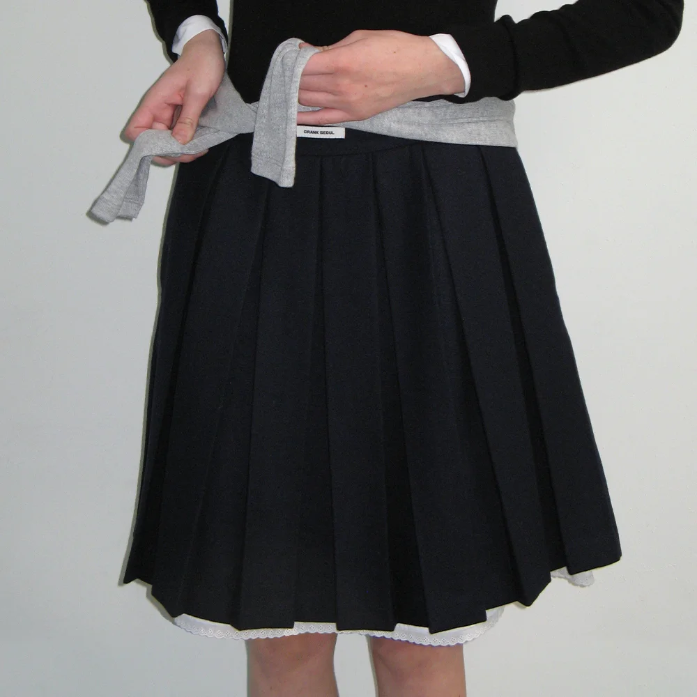 LAYERED WOOL PLEATS SKIRT_NAVY