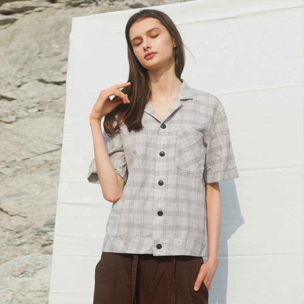 CHECK LINEN WASHING SHIRTS BEIGE