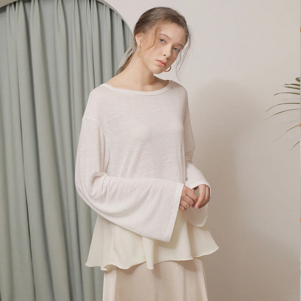 LINEN FLARE LAYERED T-SHIRT_WHITE