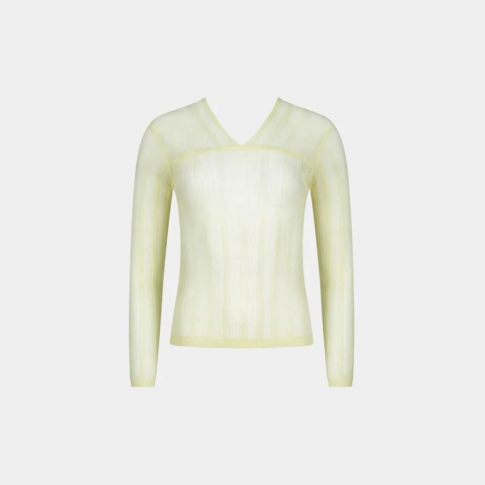 (W) RIBBED TRANSPARENT KNIT TOP - YELLOW