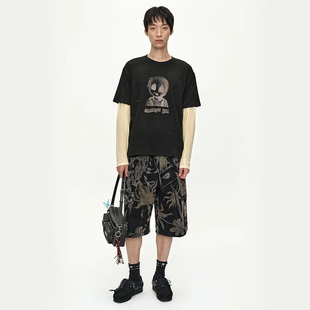 FLOWER OVERLAY CARGO SHORTS apa902m(BLACK/BEIGE)