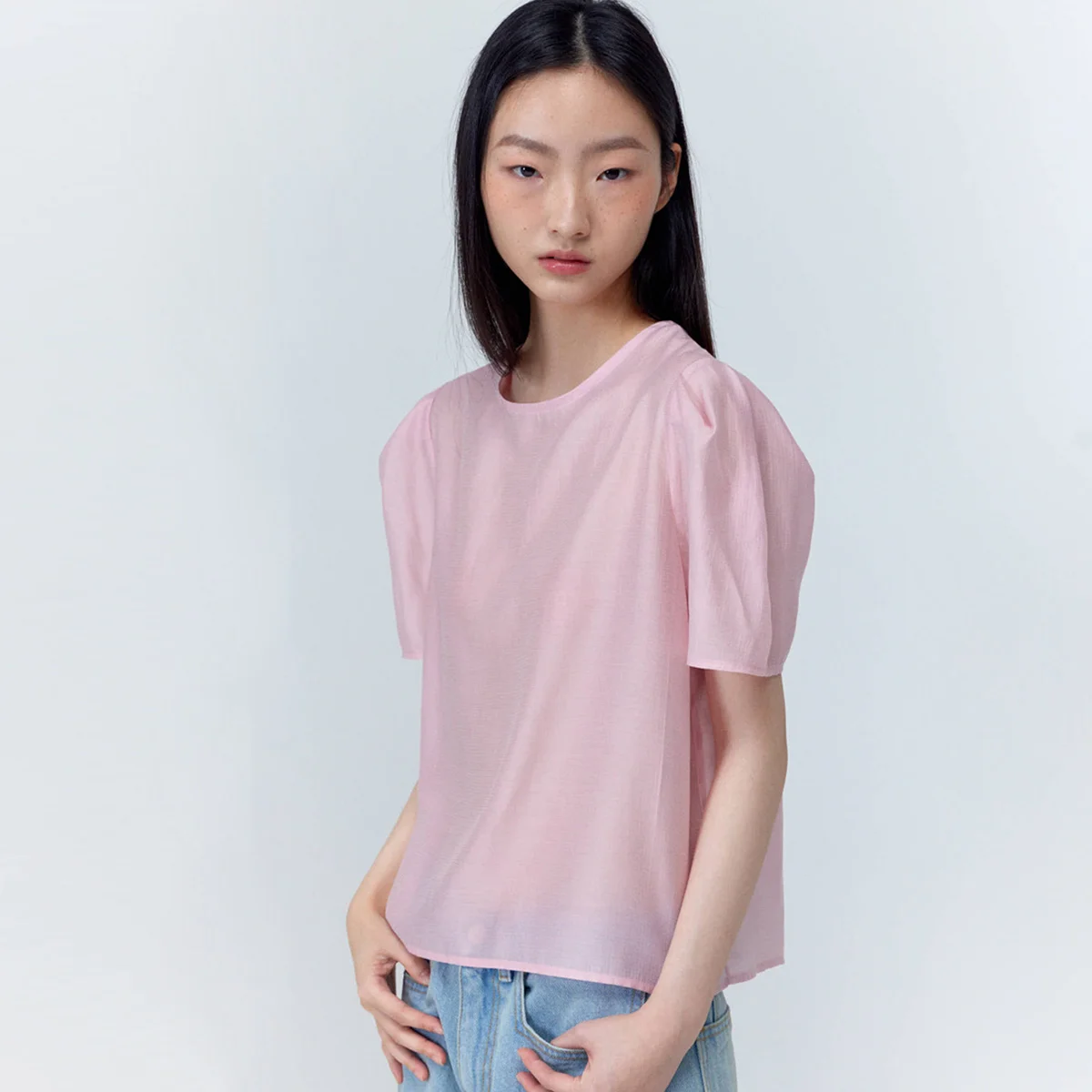 Puff Sleeve Basic Short-sleeved Blouse_Pink