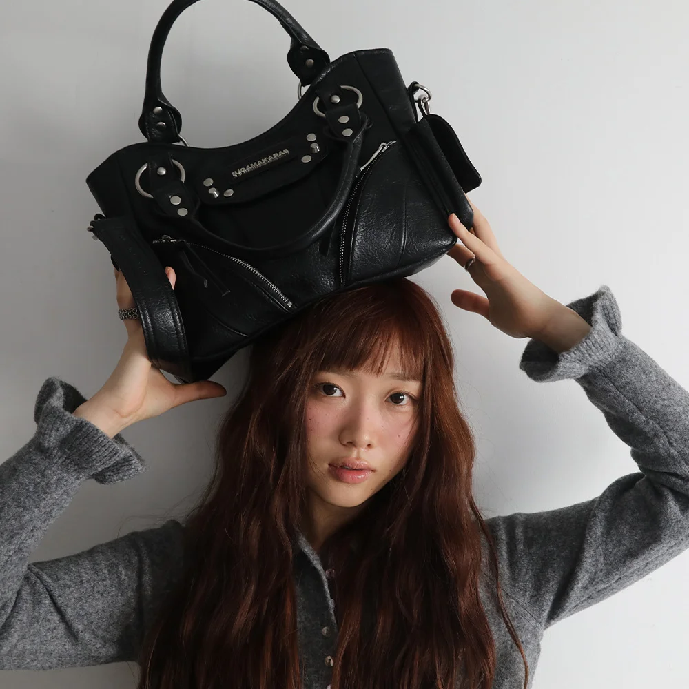 Studded Leather Mini Shoulder Bag (Black)