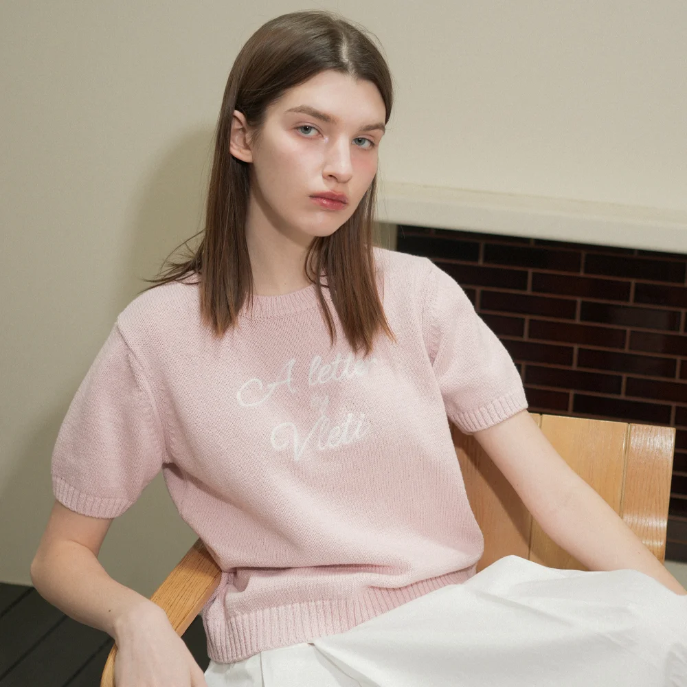 Lettering Cotton Round Half Knit (pink)