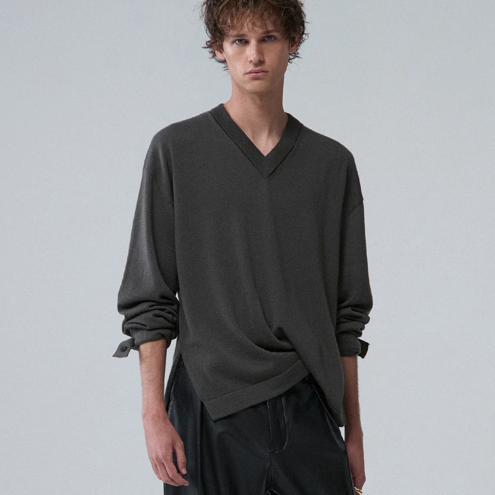 Merino wool folded v neck pullover_Dusty olive