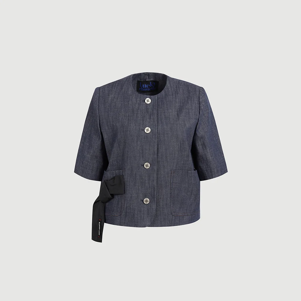 Round Neck Ribbon Point Short Sleeve Jacket (light blue) LFJAM26410BUL