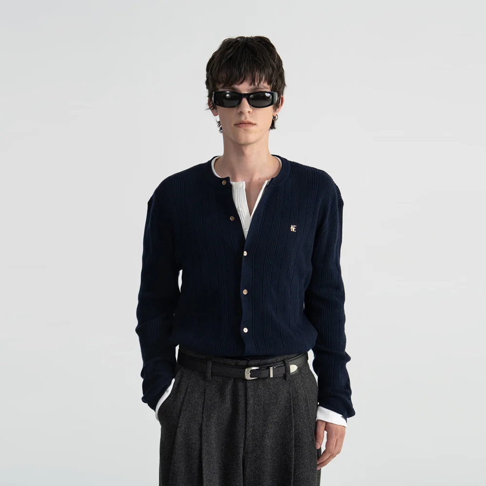 (M) RIBBED KNIT CARDIGAN - NAVY
