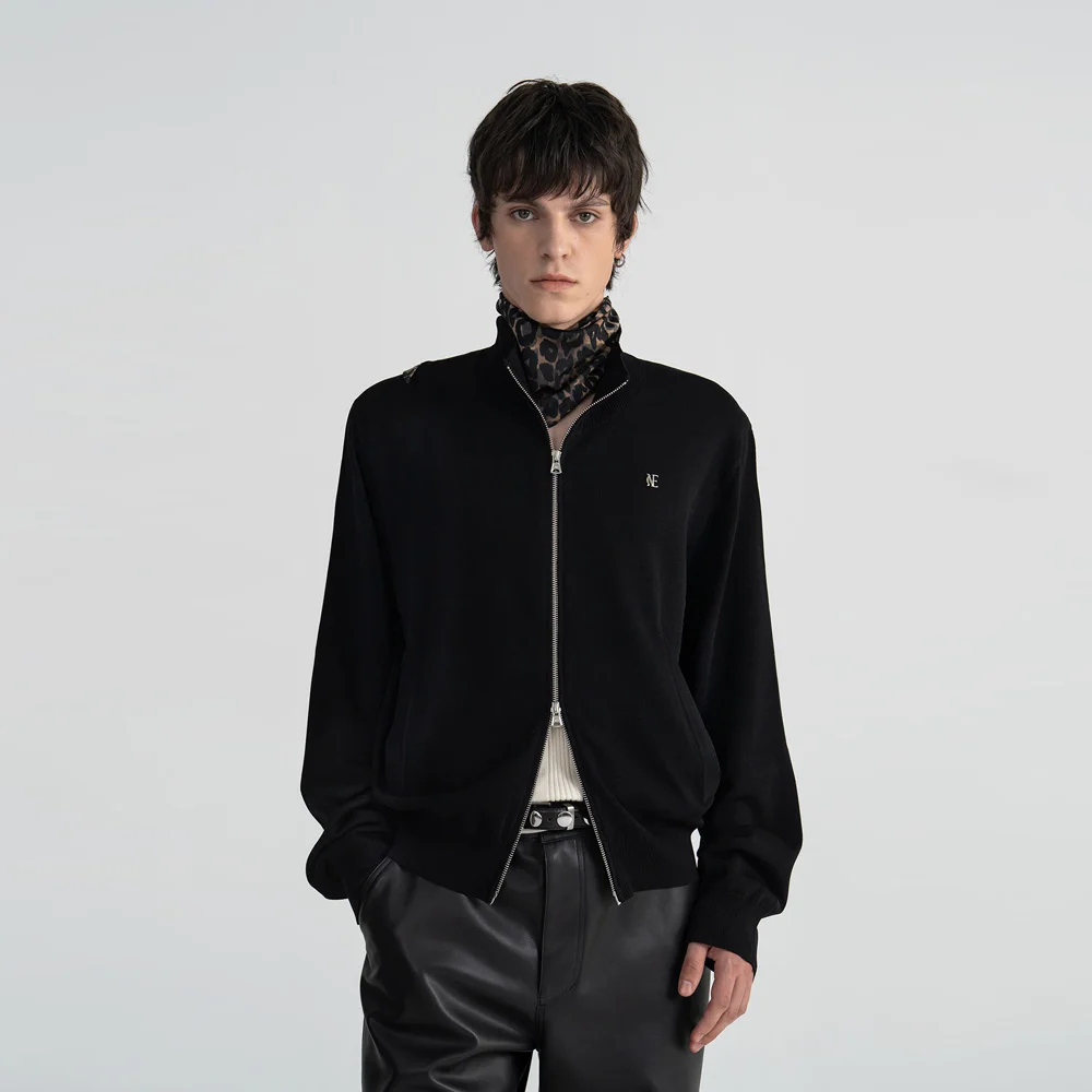 KNIT ZIP-UP CARDIGAN - BLACK