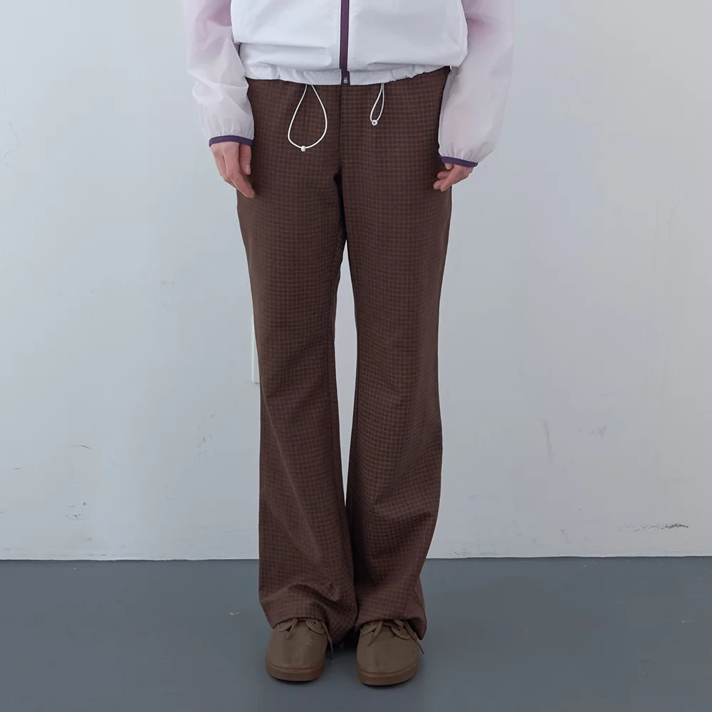 啞光 格紋 鬆緊帶 靴型 褲子 (Brown)