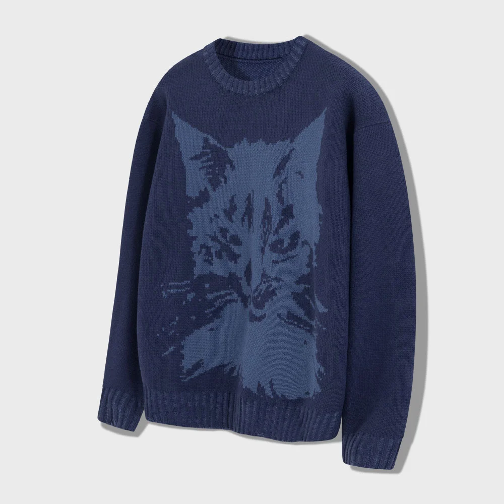 Cat Graphic Distressed Knit (Blue)