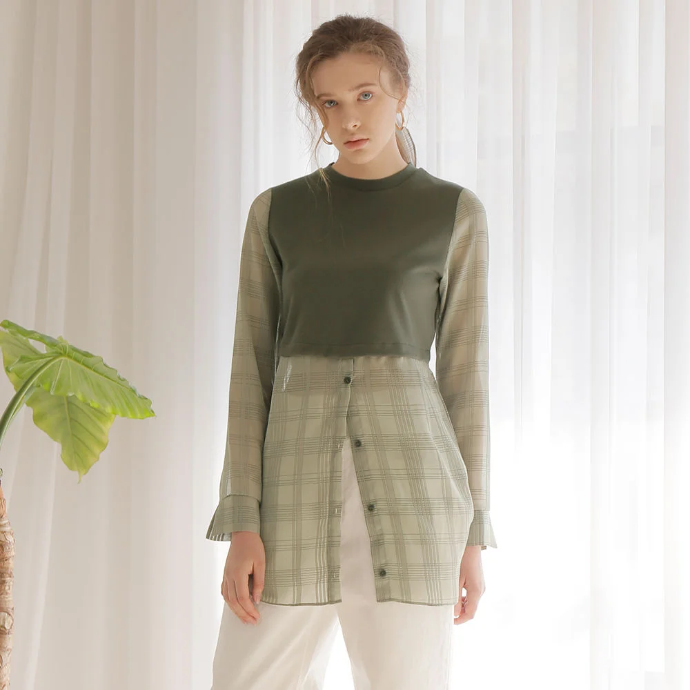 CHECK SHIRT LAYERED T-SHIRT_KHAKI
