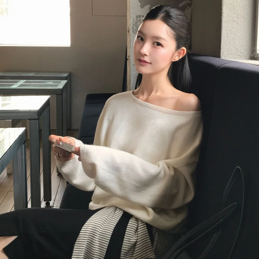 Cashmere fine wool boat neck knit _Ivory