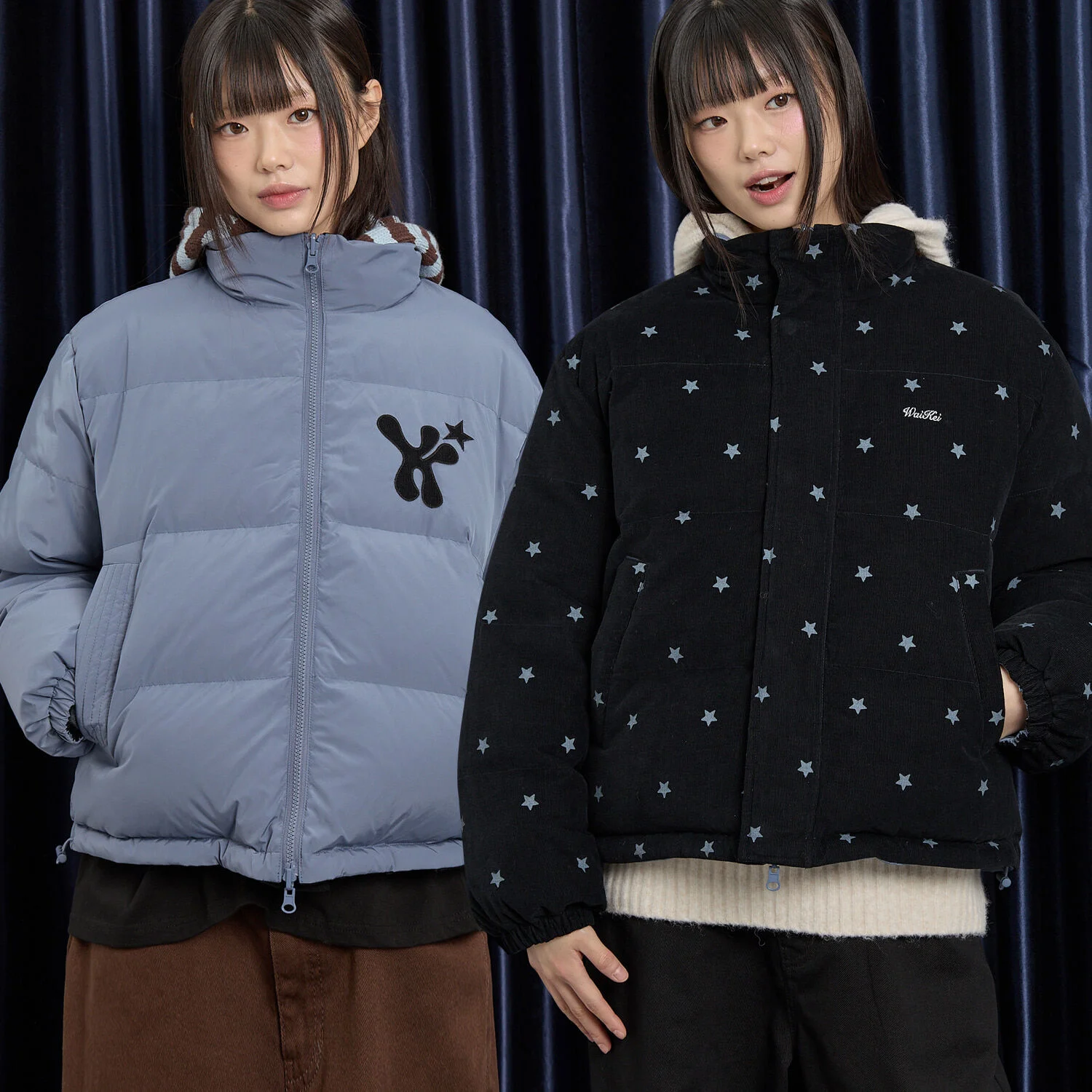 星星 標誌 雙面穿 燈芯絨 短款羽絨服 黑色