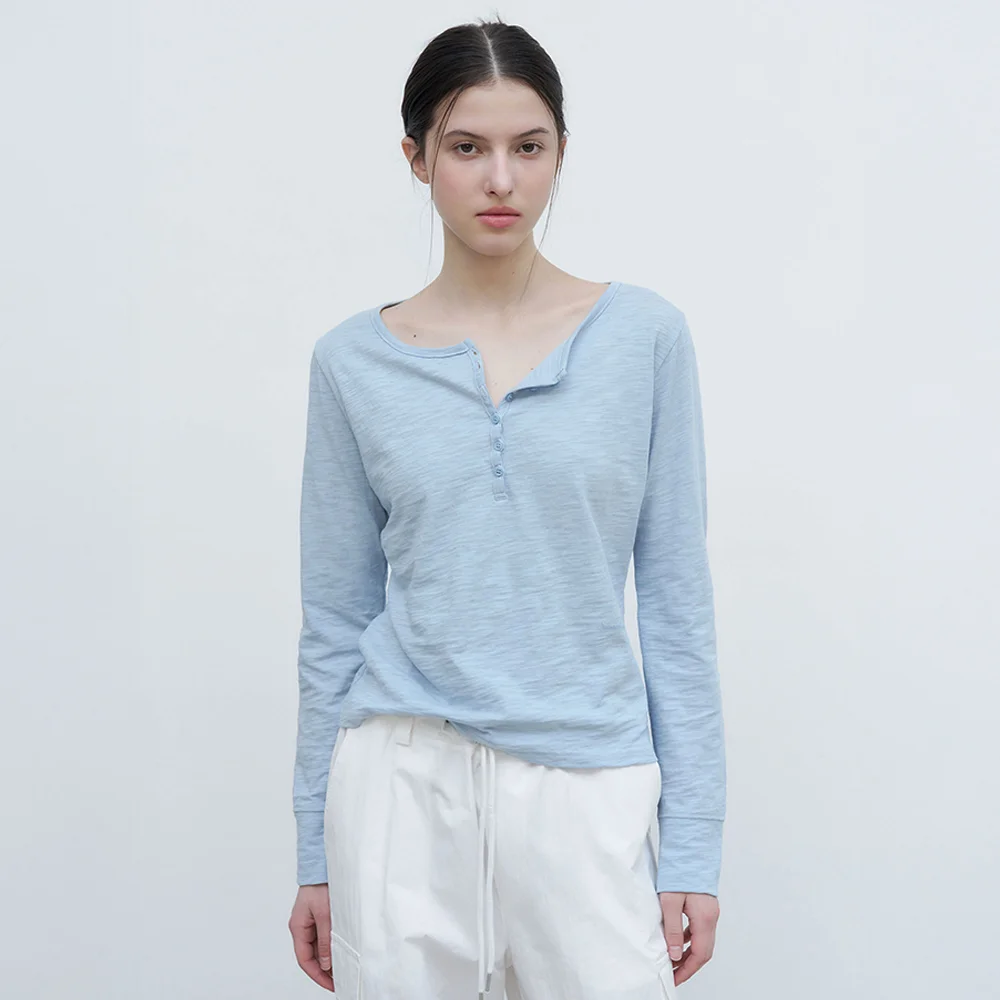 Slub Henley Long Top - Light Blue