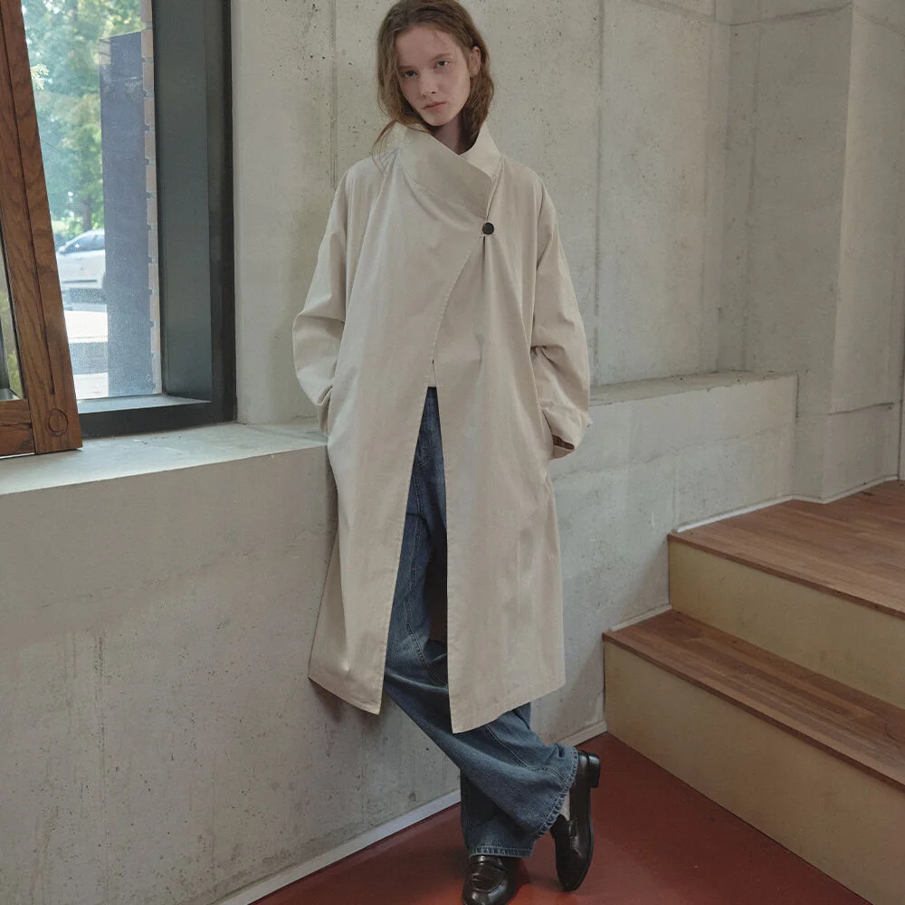 One-button collar trench coat _Light beige