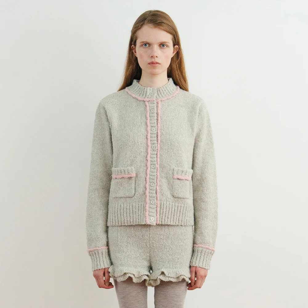 Color Point Pompom Cardigan (Greyish Green)
