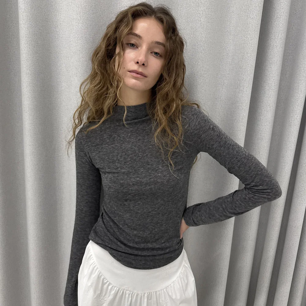 WOOL TENCEL HALF NECK TEE / GRAY