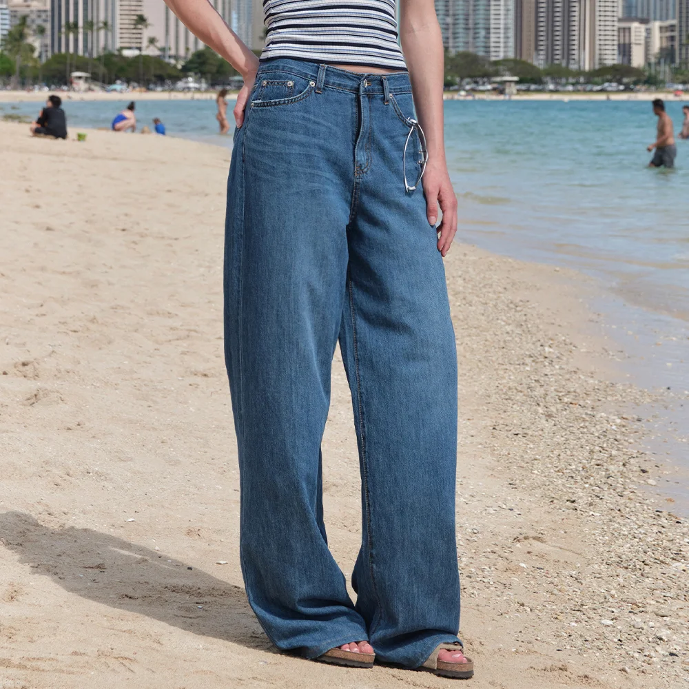 Back Buckle Wide Denim Pants - Middle Blue
