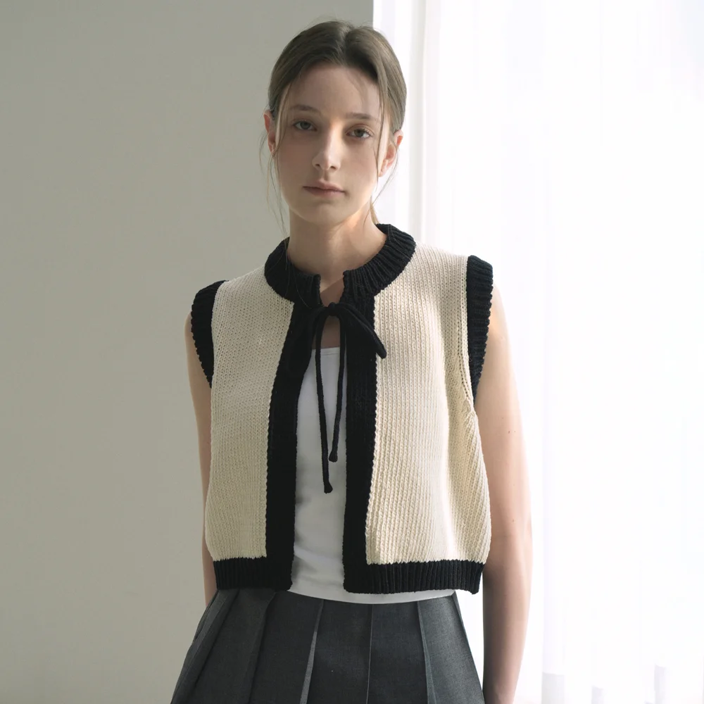 Ribbon Cotton Knit Sleeveless Vest (ivory)