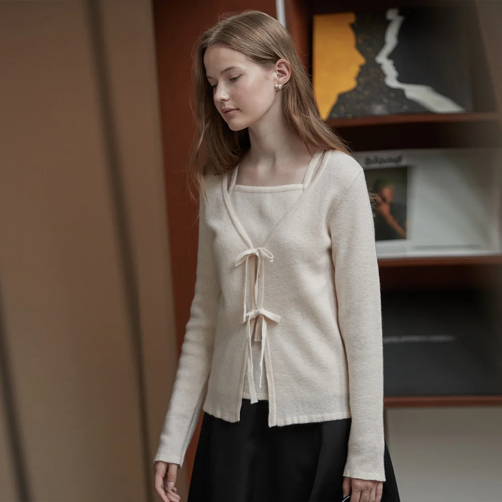 Ribbon layered cardigan - Pearled ivory