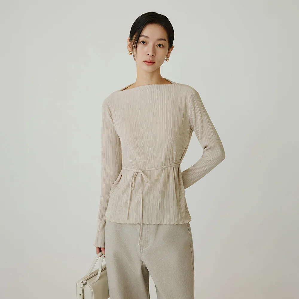 SITP5255 束繩 百褶 上衣_Beige