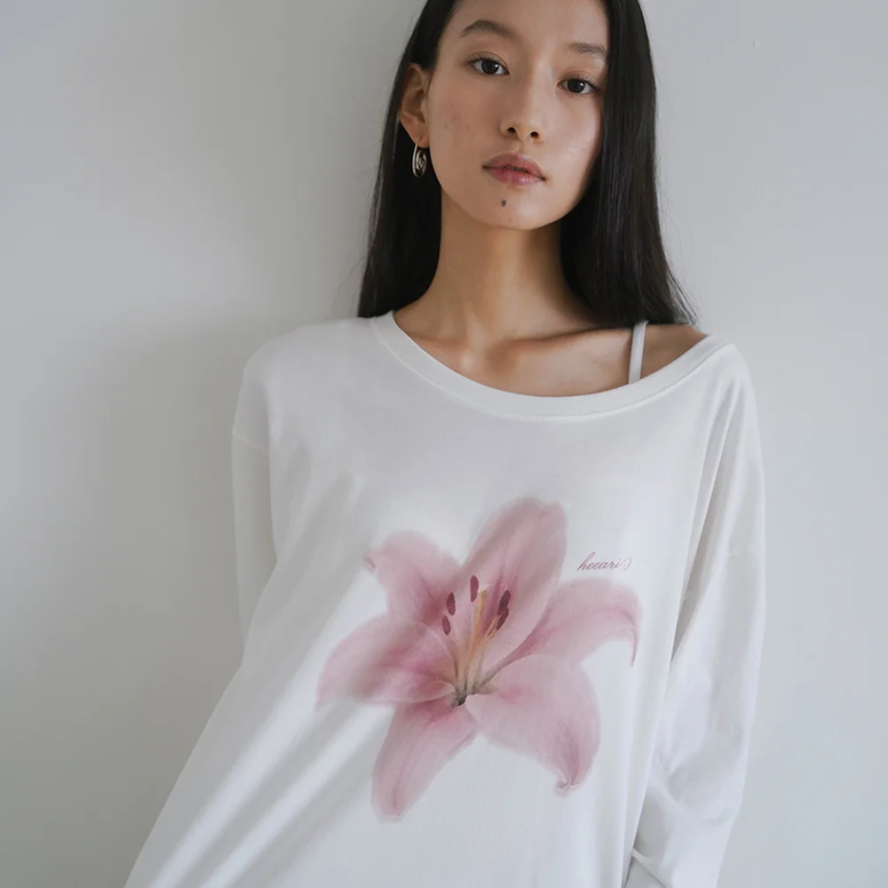 花卉 印花 單肩 長袖_粉紅花