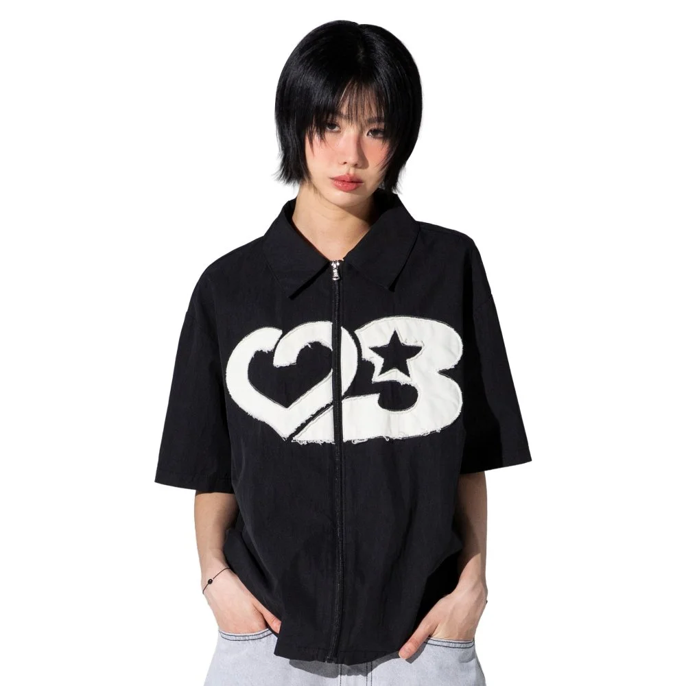 XTS044 橡膠 貼布繡 短版 襯衫 (BLACK)