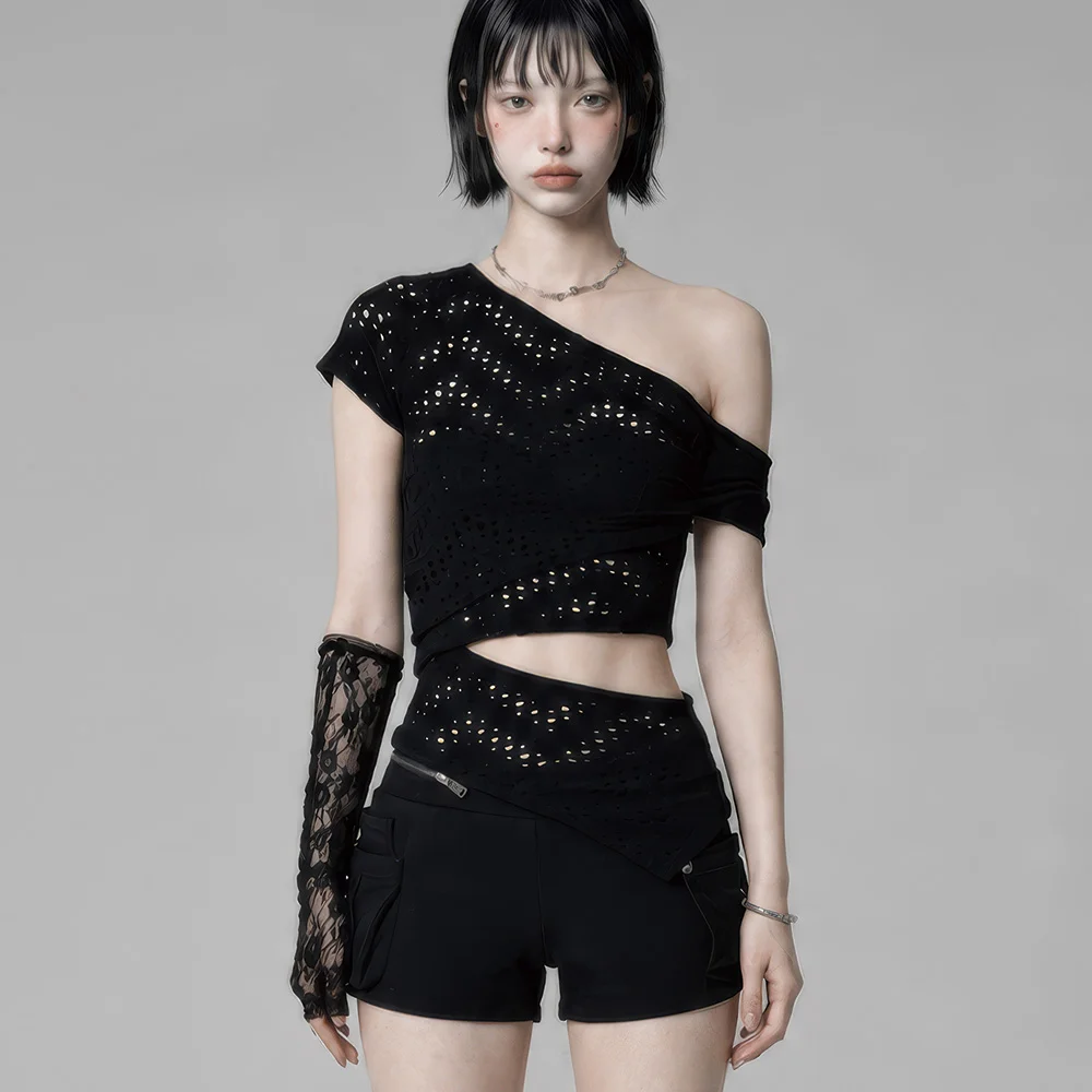 Hole Knit Layered Side Slit Top (Black)