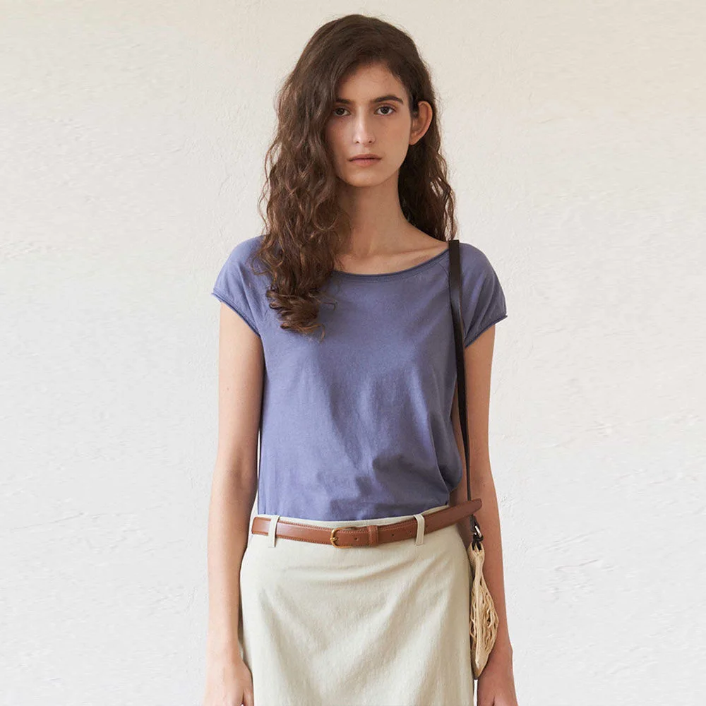 Round Neck Cap Sleeve T-Shirt(Purple)