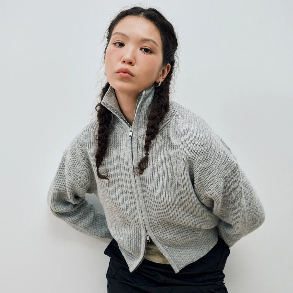 TWO WAY KNIT ZIP-UP CARDIGAN / GRAY