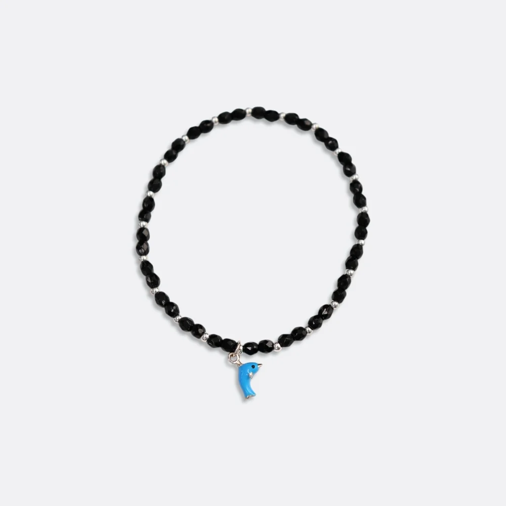 Silver dolphin silver ball beads Bracelet 925銀色 海豚 吊飾 銀珠 鬆緊帶 黑色 串珠 手鏈