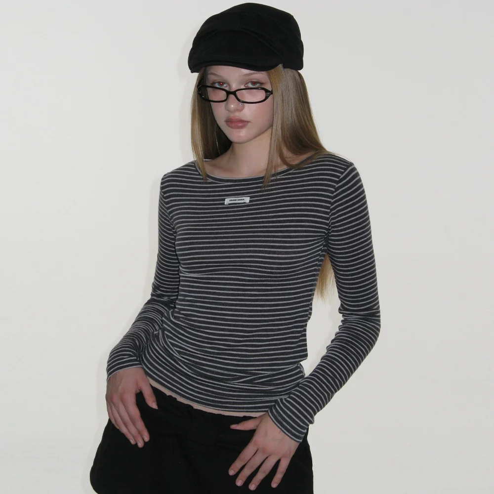 STRIPED BASIC BOATNECK TOP_CHARCOAL
