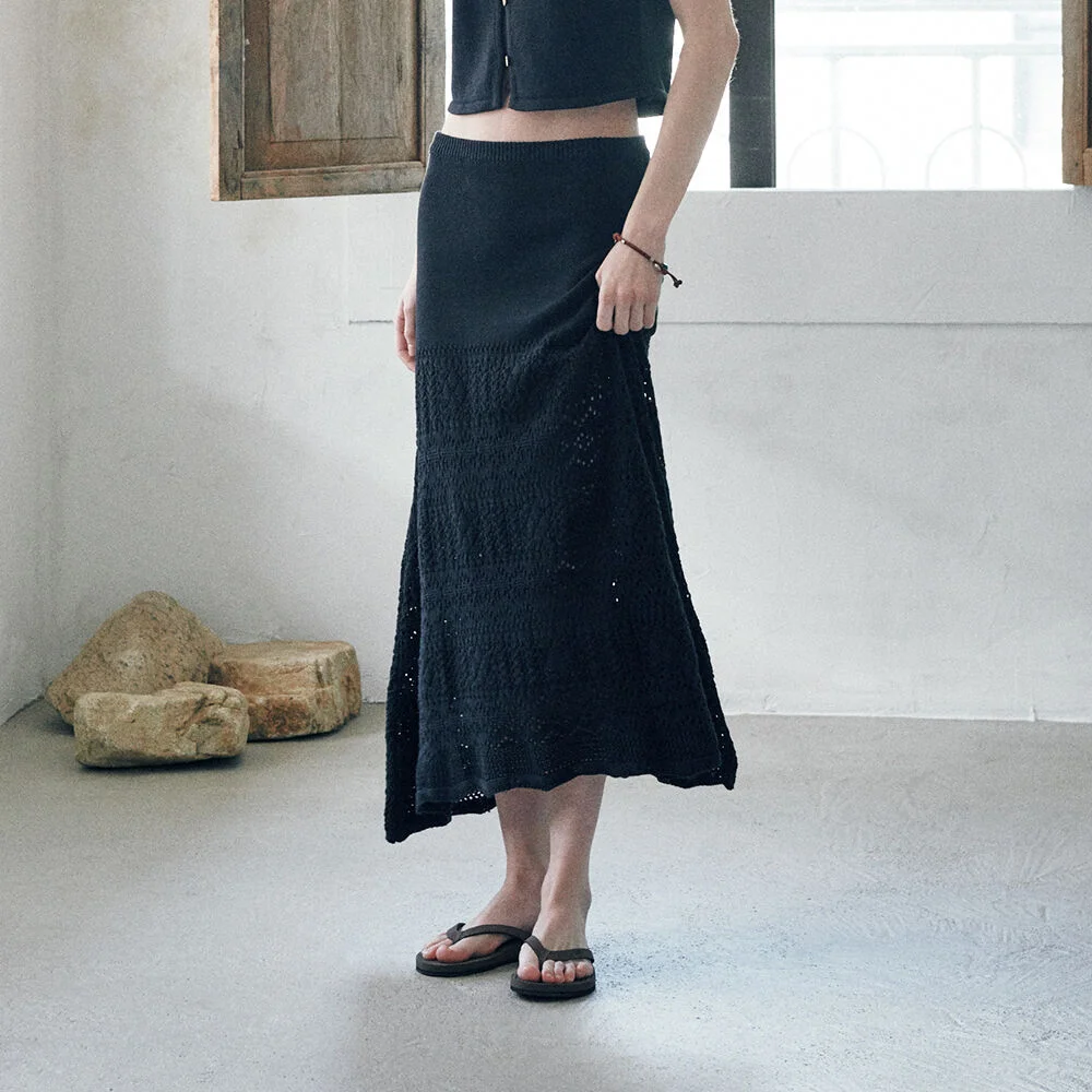Ella Knit Crochet Long Skirt Black