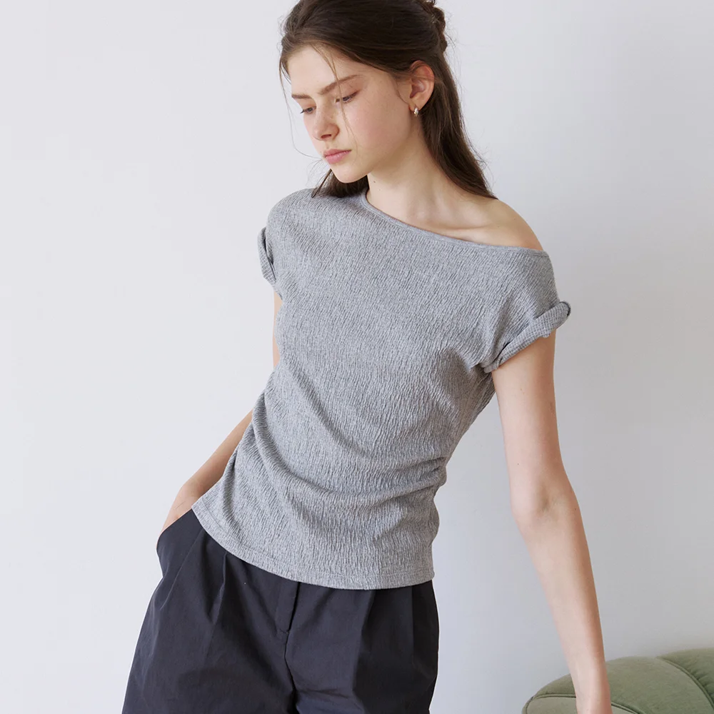 wrinkle off-shoulder T-shirt (melange grey) orc 6044