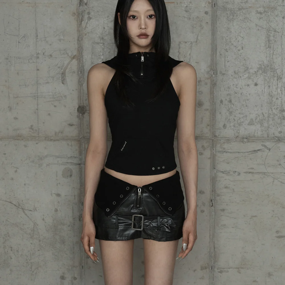 Zipper Halter Turtleneck Point Pocket Hoodie (Black)