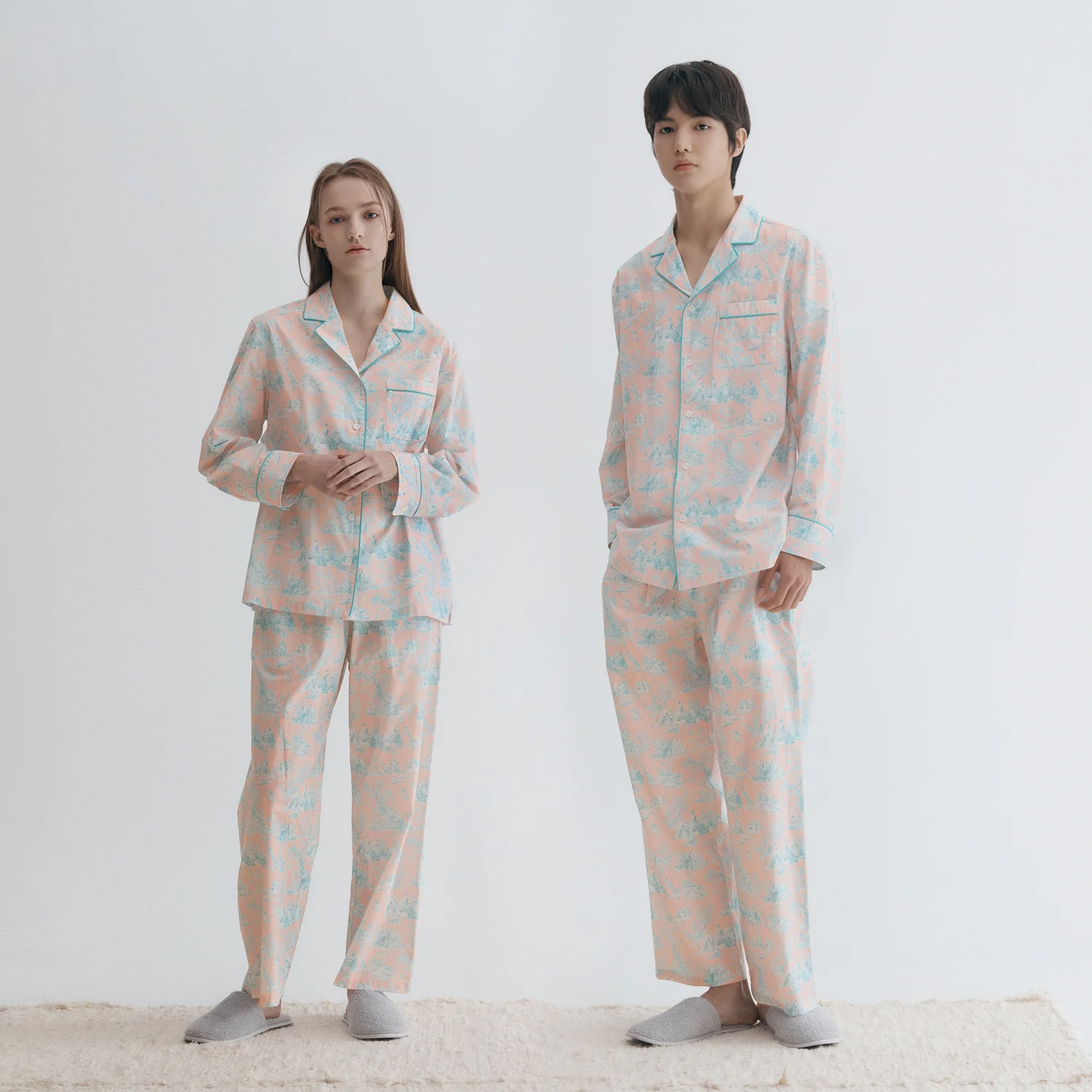 粉色 Toile de Jouy 睡衣 Pair 男女 SET