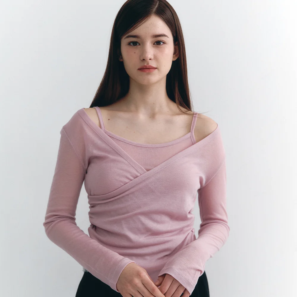 Wrap Shirring Long Sleeve Set Purple