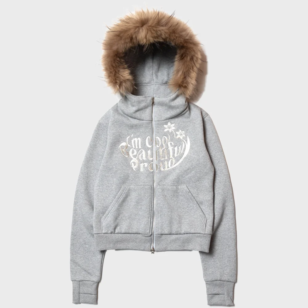 SHINE FUR-HOODIED 2WAY ZIP UP HOODIE GRAY