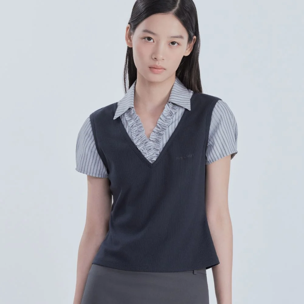 Emma Layered Ruffle Blouse Top - Navy