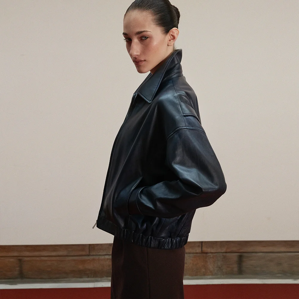 Lambskin Semi crop bomber JK_Navy