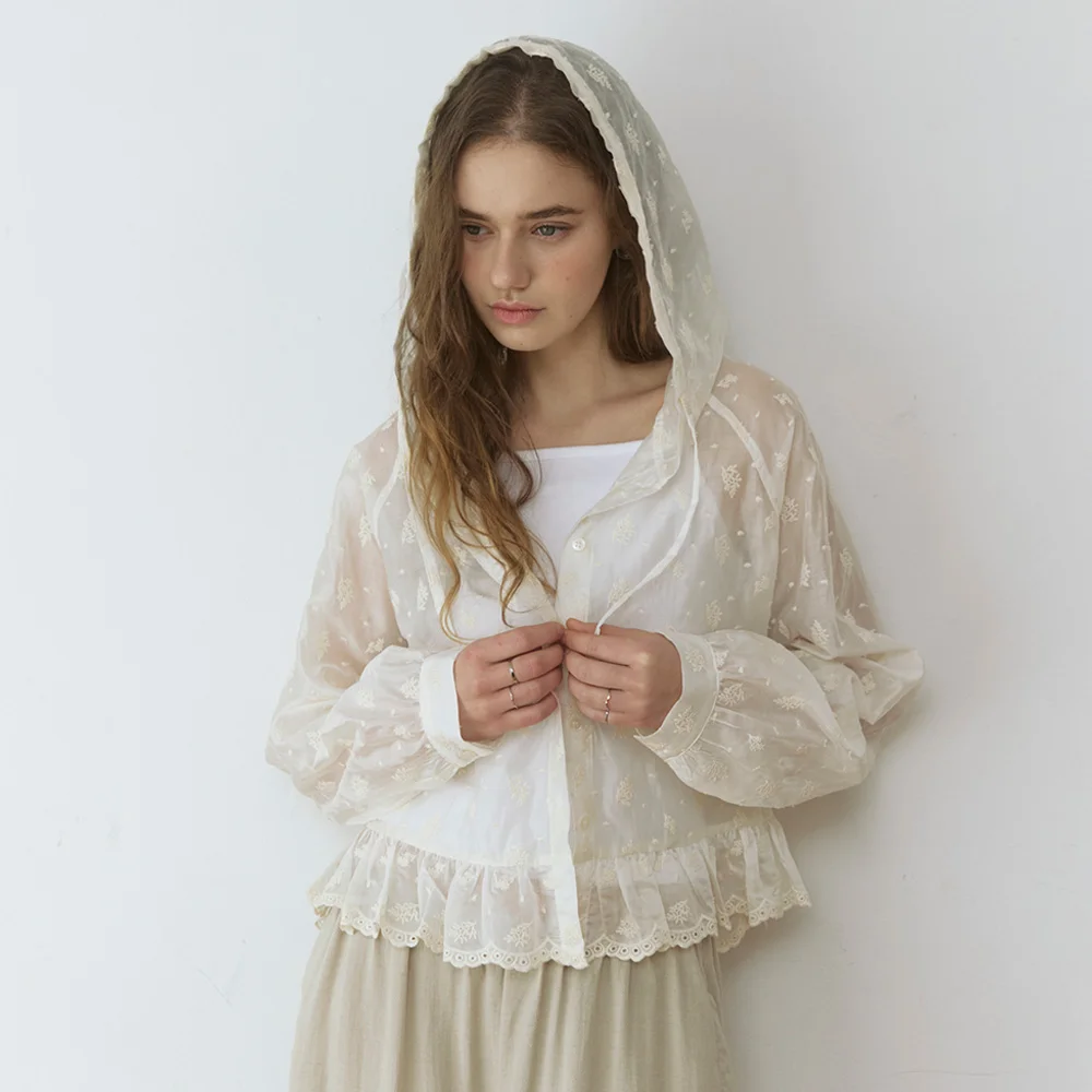 Flower jacquard see through hood - cream