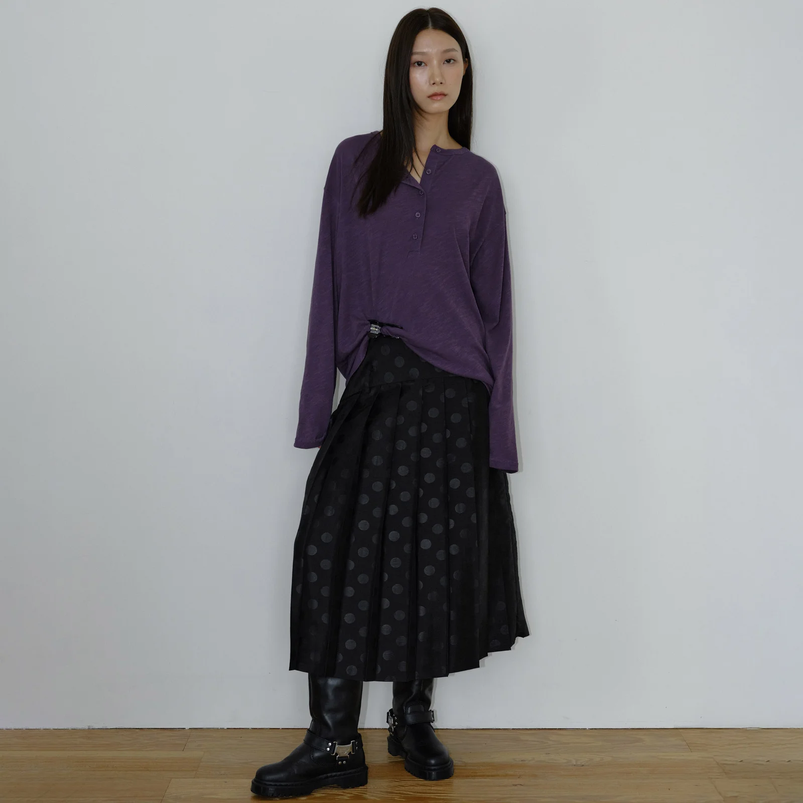 POLKA DOT PLEATED LONG SKIRT / BLACK